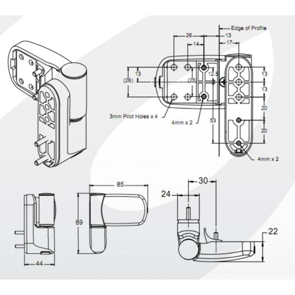 Technical drawings and measurements of a UPVC door hinge, showing multiple views including front, side, top, and mounting hole dimensions for accurate installation.