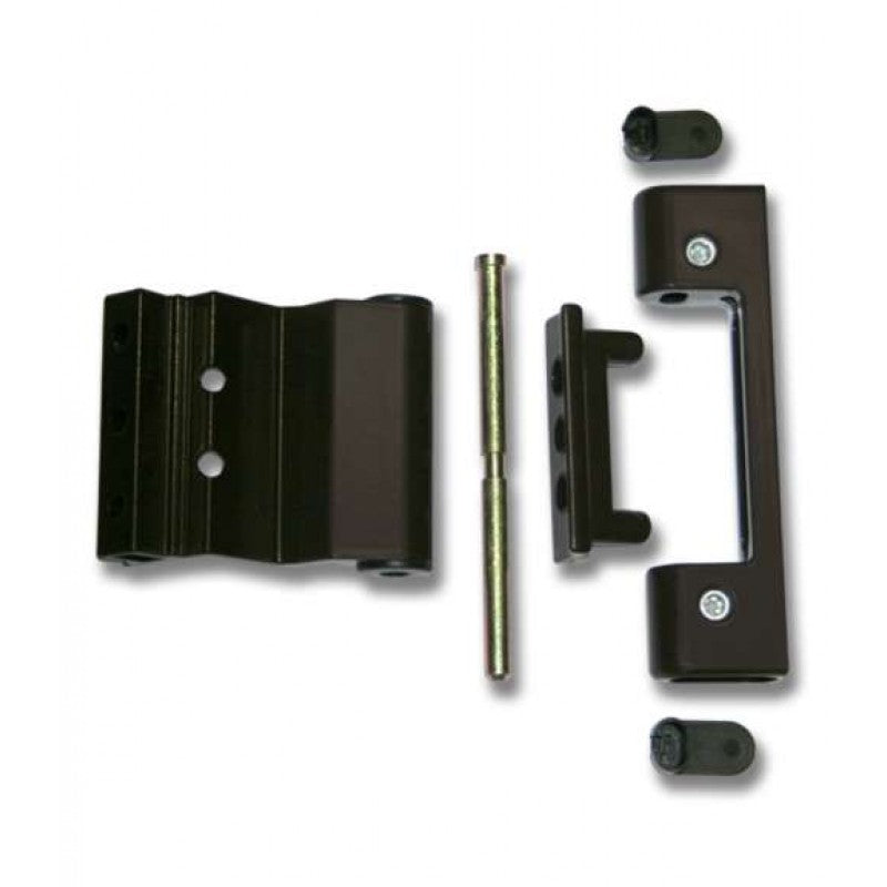 Disassembled black metal gate hinge set including hinge bracket, hinge arm with handle grip, central hinge pin, and two black plastic end caps.