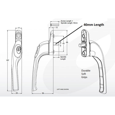 Technical diagram of Affinity cranked espag uPVC window handle with dimensions and labeled parts, including spindle length and soft grip handle design.