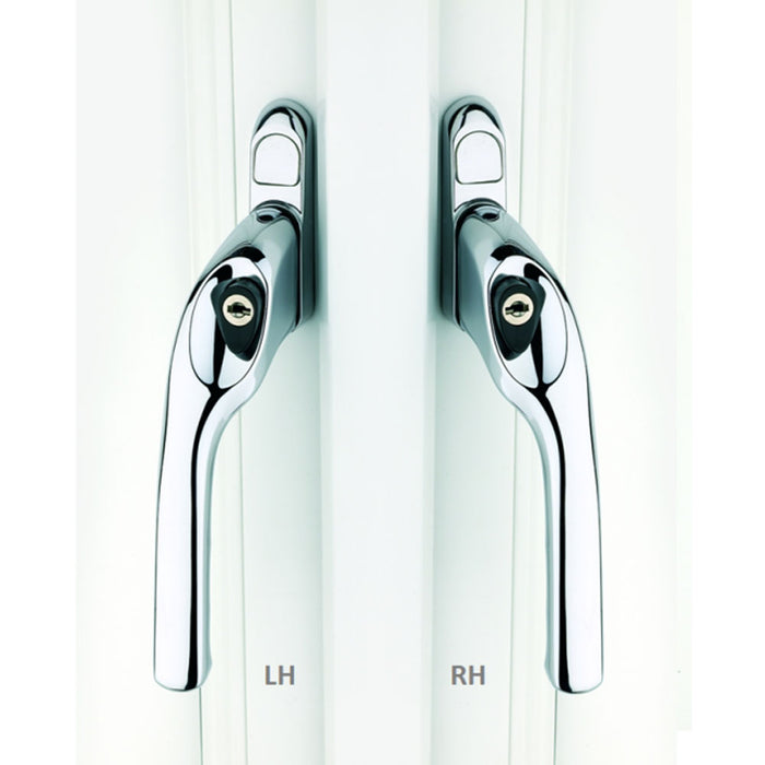 A pair of chrome-plated uPVC window handles with a keyhole, marked LH and RH to indicate left and right-handed models.