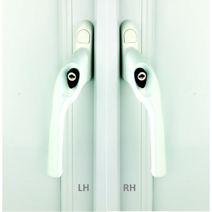 A pair of white UPVC window handles with a keyhole, marked 'LH' and 'RH' to indicate left and right-handed configurations.