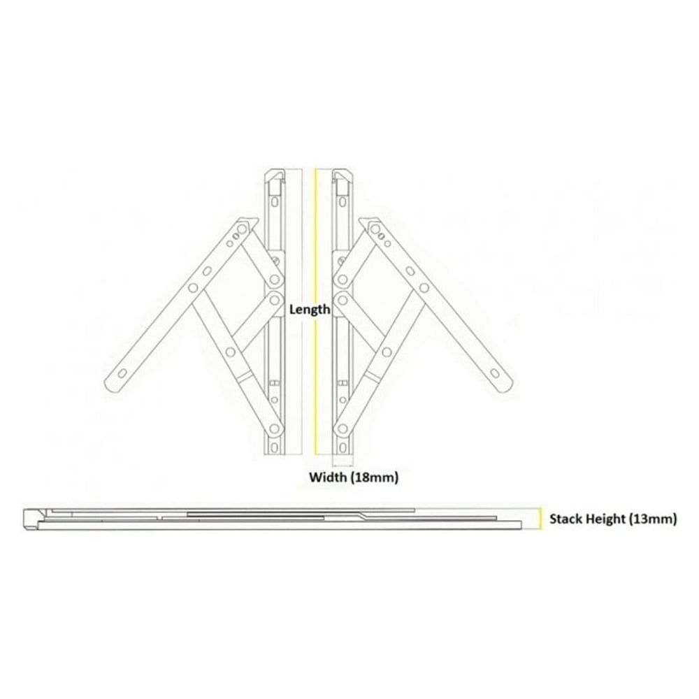 Diagram of UPVC window hinges (friction stays) with labeled dimensions showing standard opening, width (18mm), and stack height (13mm).