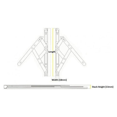 Diagram of UPVC window hinges (friction stays) with labeled dimensions showing standard opening, width (18mm), and stack height (13mm).