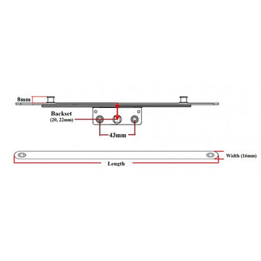 Technical drawing illustrating an offset gearbox for a UPVC window lock, showing a red window profile positioned to the left of the locking mechanism. The diagram contrasts the offset gearbox with an inline gearbox for comparison.
