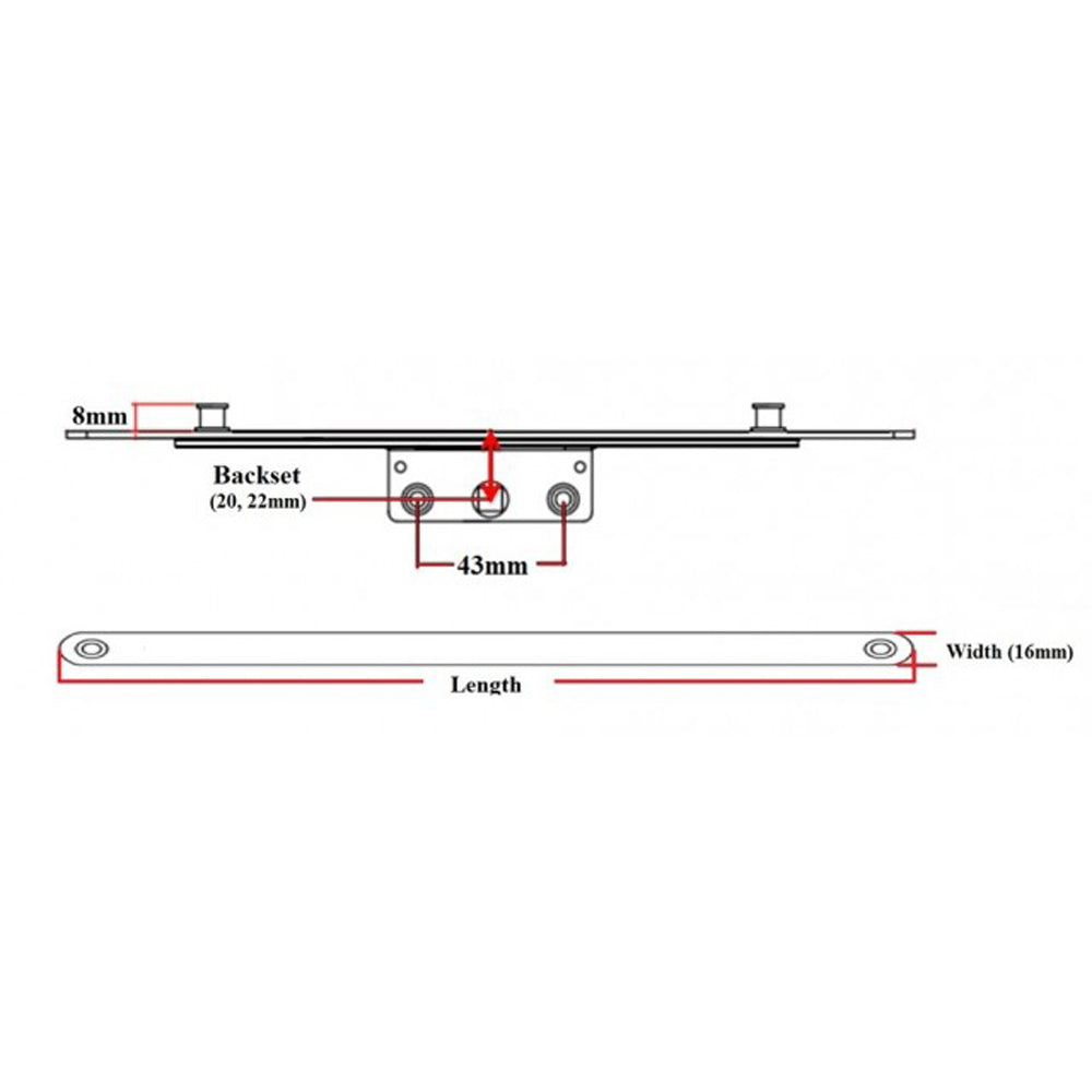 Technical drawing of a metal strip with two mounting holes spaced 43mm apart, showing dimensions including 8mm thickness, 16mm width, and a customizable length and backset (20mm or 22mm).