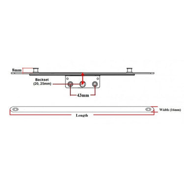 Technical drawing of a metal strip with two mounting holes spaced 43mm apart, showing dimensions including 8mm thickness, 16mm width, and a customizable length and backset (20mm or 25mm).