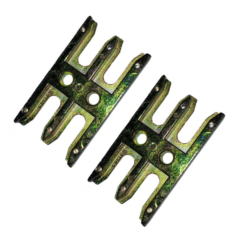 Two metal espag for uPVC window keeps with various sized clip on packers, against a white background.