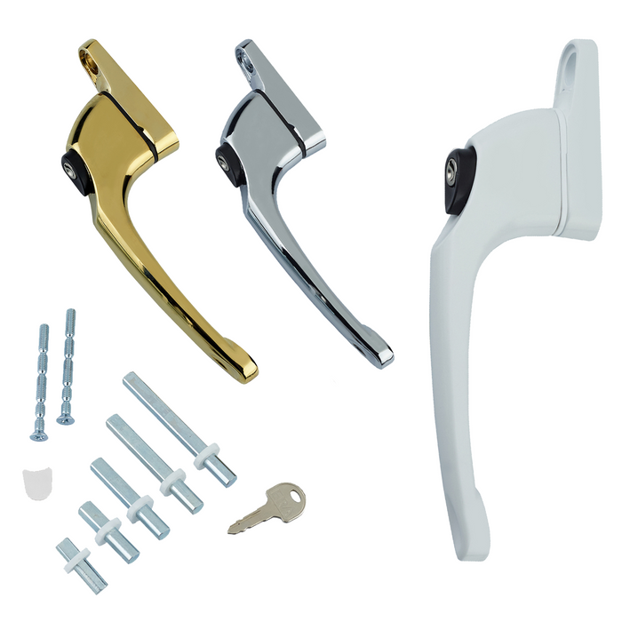 A set of universal window handles in white, chrome, and gold colors, including various components such as spindles, screws, cover caps, and a key.