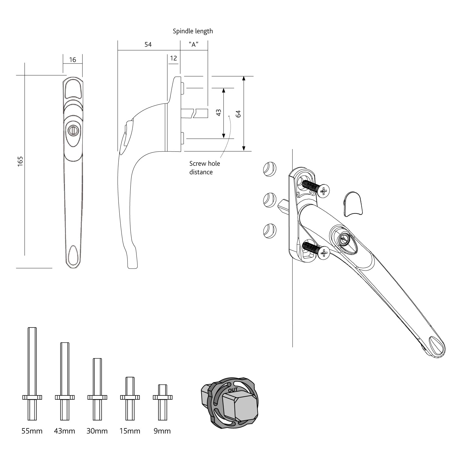 Technical diagram of a lockable window handle showing front, side, and exploded views with detailed dimensions including handle length, spindle options (15mm to 50mm), and screw hole distances
