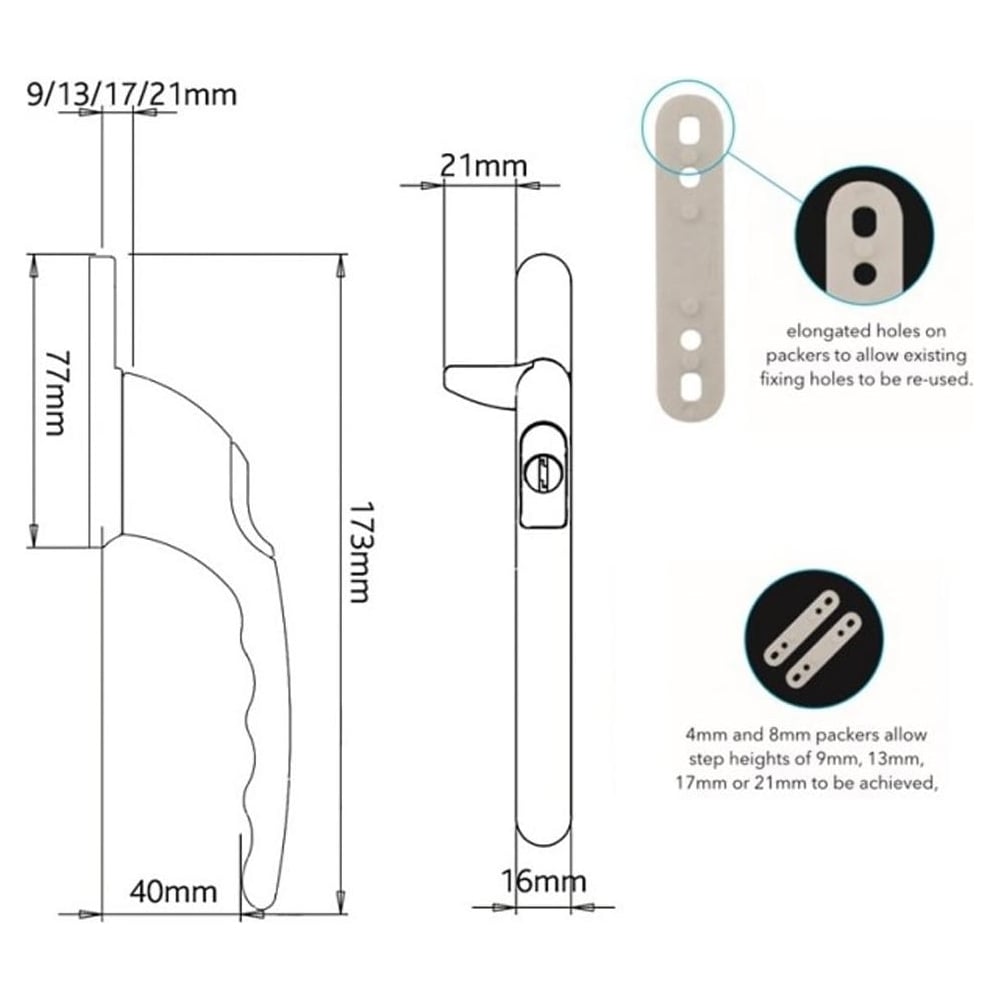 Technical diagram of VERSA Cockspur Repair uPVC Window Handle showing dimensions, adjustable stack heights (9/13/17/21mm), and features like elongated holes and 4mm/8mm packers for universal fitting.