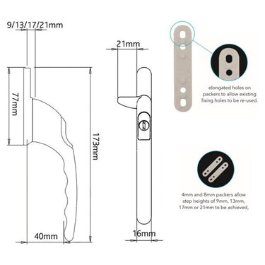 Technical diagram of VERSA Cockspur Repair uPVC Window Handle showing dimensions, step heights (9–21mm), and elongated packer holes for reuse of existing fixing points.