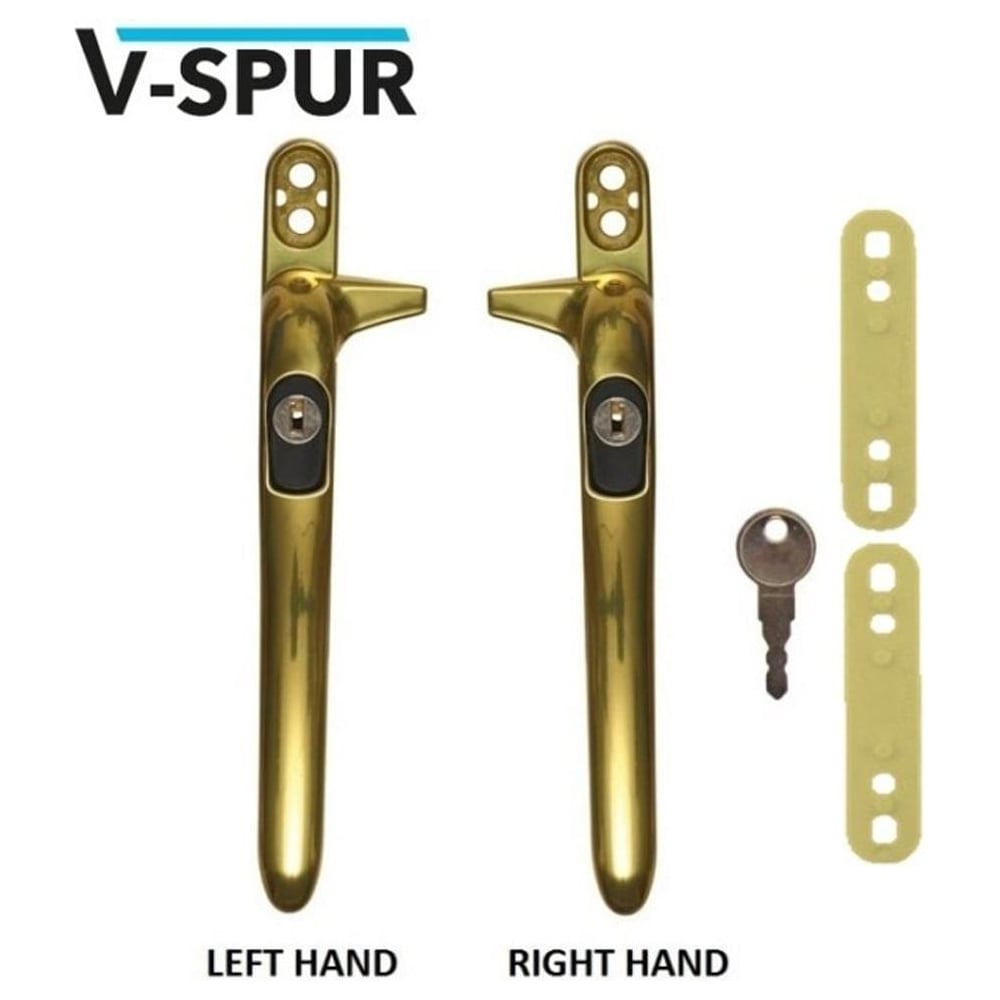 uPVC window handles in polished gold color, with a packer system, key, and screw cover cap, showing left and right hand options.
