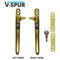 uPVC window handles in polished gold color, with a packer system, key, and screw cover cap, showing left and right hand options.