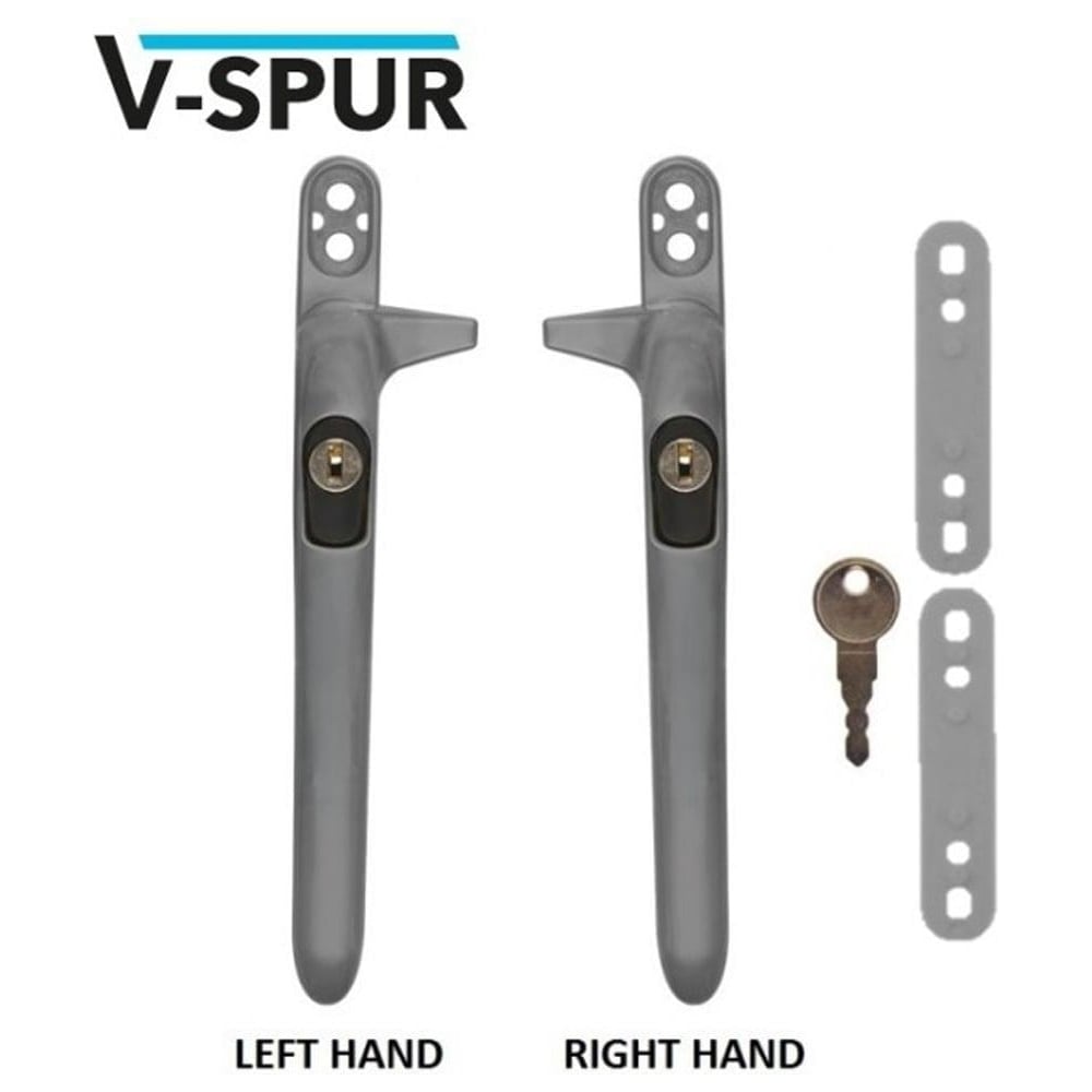uPVC window handles with a satin chrome finish, including packers and a key, displayed as left and right hand handles.