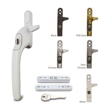VERSA Cockspur Repair uPVC Window Handle in various finishes including black, PVD gold, chrome, satin chrome, and white, with key and packers shown.