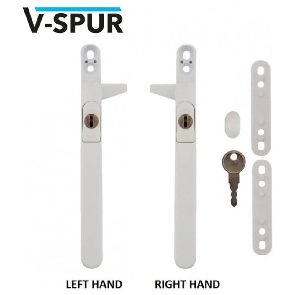 uPVC window handles with key and screw cover cap, available in left and right hand options, displayed on a white background