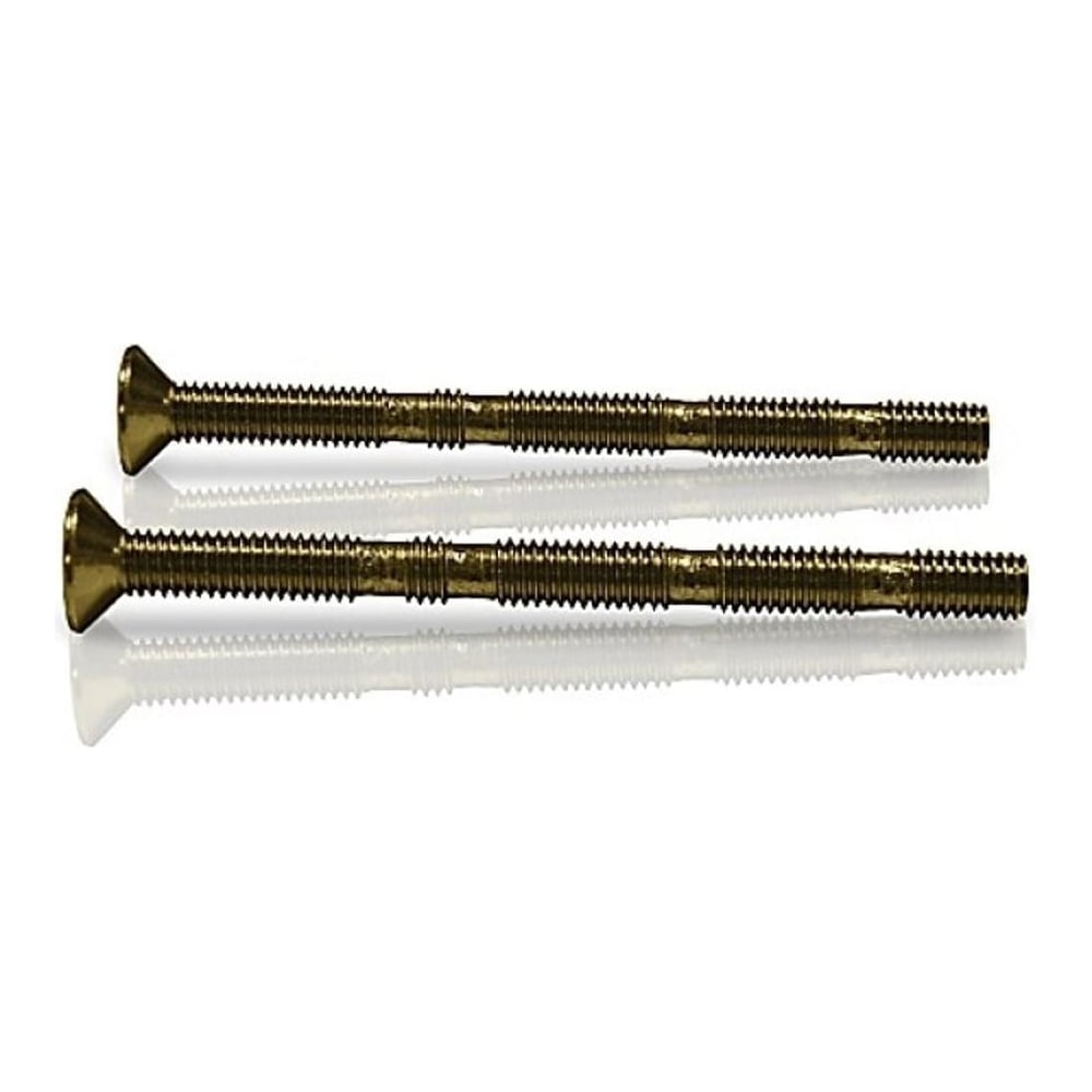 A pair of gold-colored metal window screws with notches for cutting, displayed against a white background.