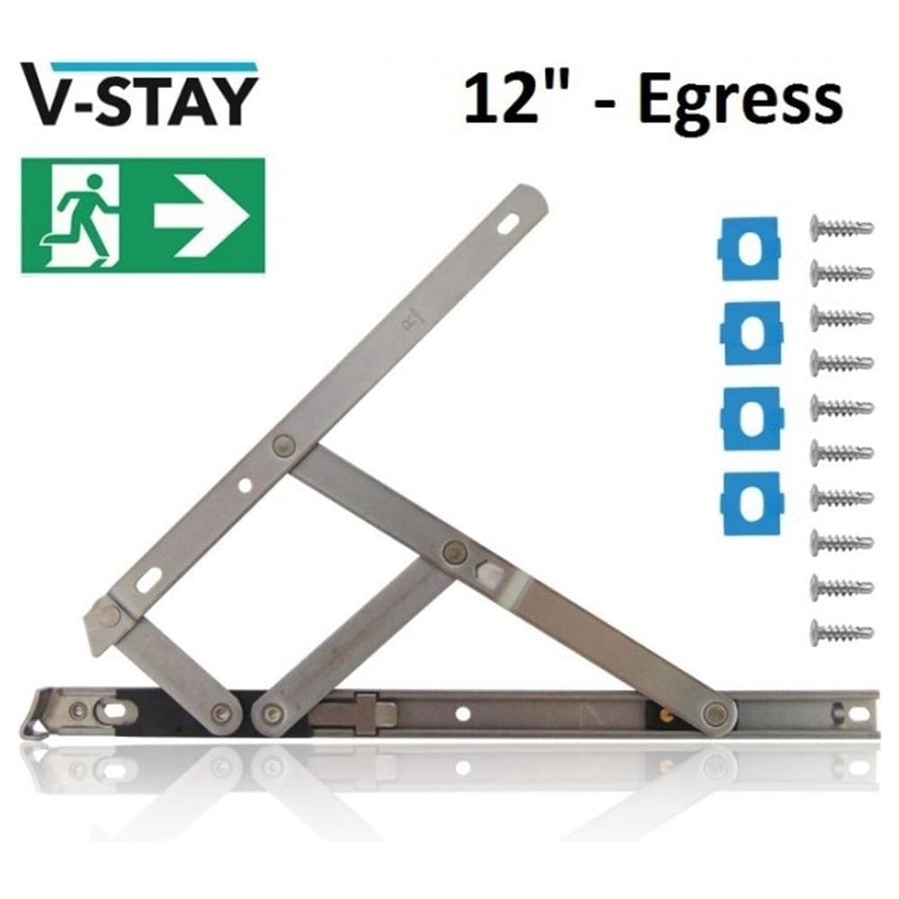A pair of VERSA brand uPVC window hinges shown with included screws and packers, indicating a 12" size, and an egress route sign in the background.