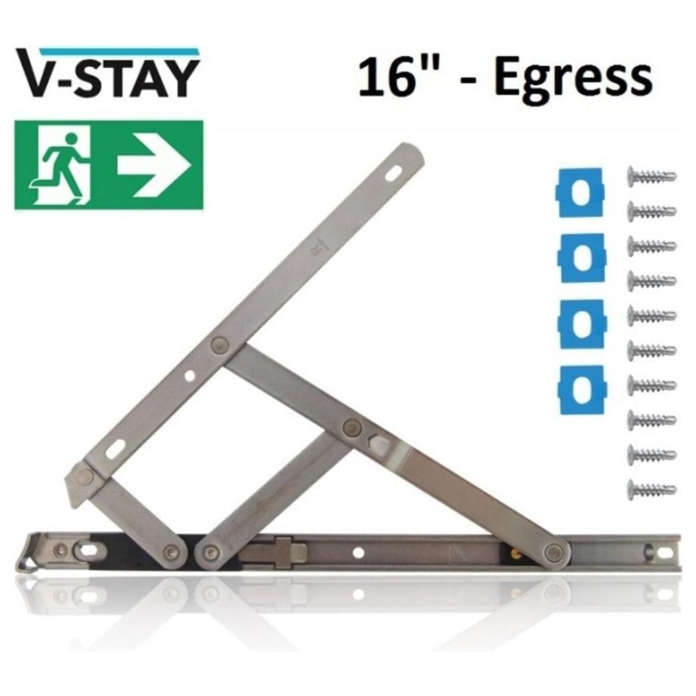 uPVC window hinge system including window stay and hardware accessories, labeled as 16 inches and marked for egress.