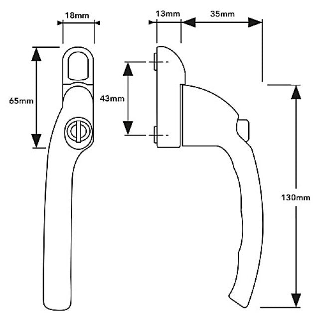 Technical drawing of a espagnolette uPVC window handle with detailed measurements.