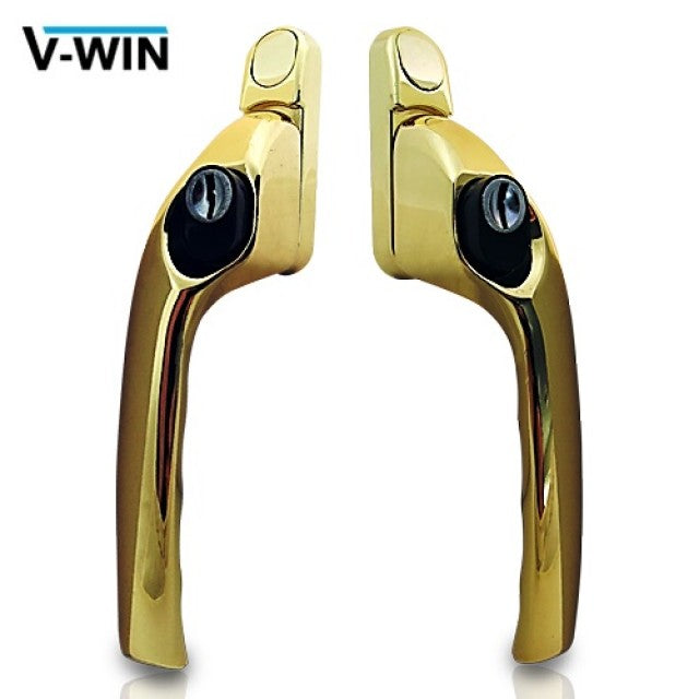 A pair of gold-colored uPVC window handles with a spindle system, branded V-WIN.