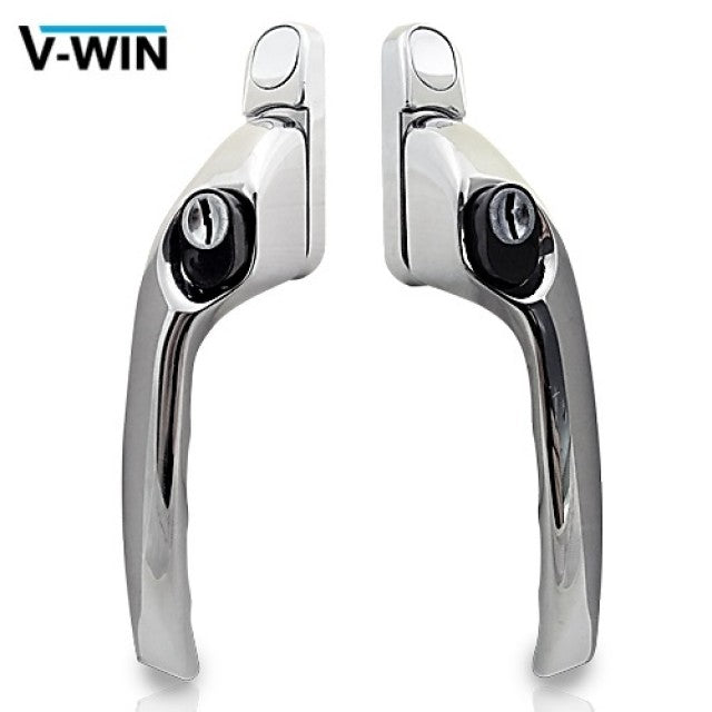 A pair of polished chrome window handles with a spindle and locking mechanism.
