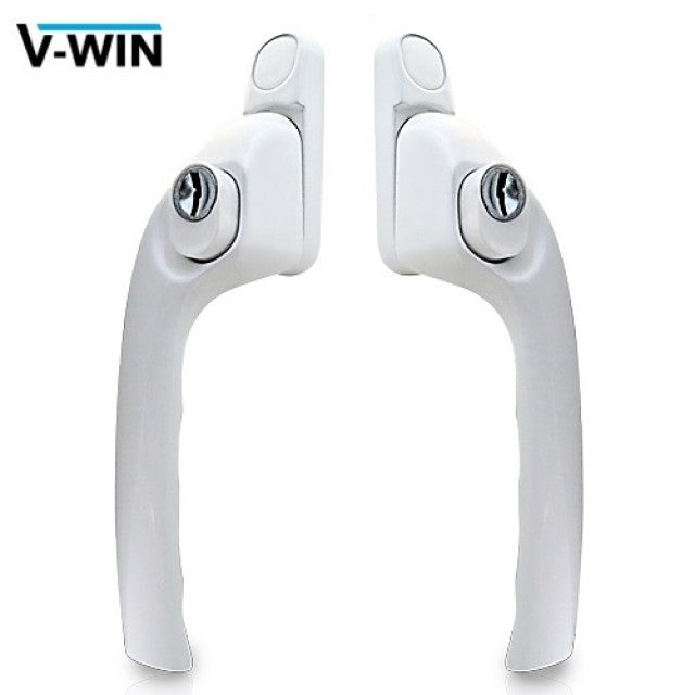 A pair of white, V-shaped uPVC window handles with a magnetic spindle system, designed for right-handed operation.