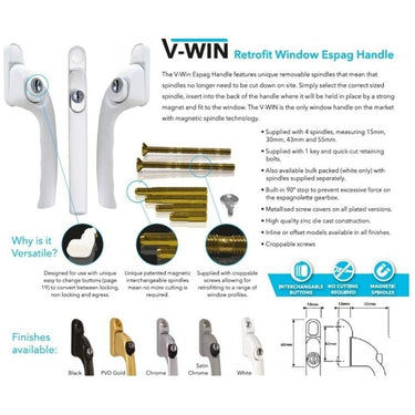Informational image about the V-WIN Retrofit Espag uPVC Window Handle. It features removable spindles, eliminating the need to cut spindles to size.