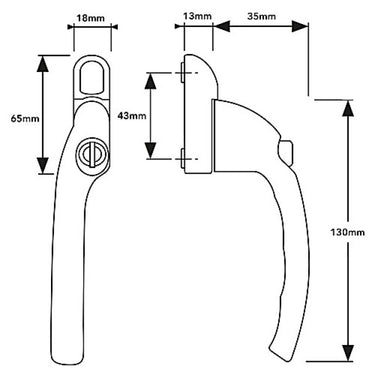 Technical drawing of a espagnolette uPVC window handle with detailed measurements.