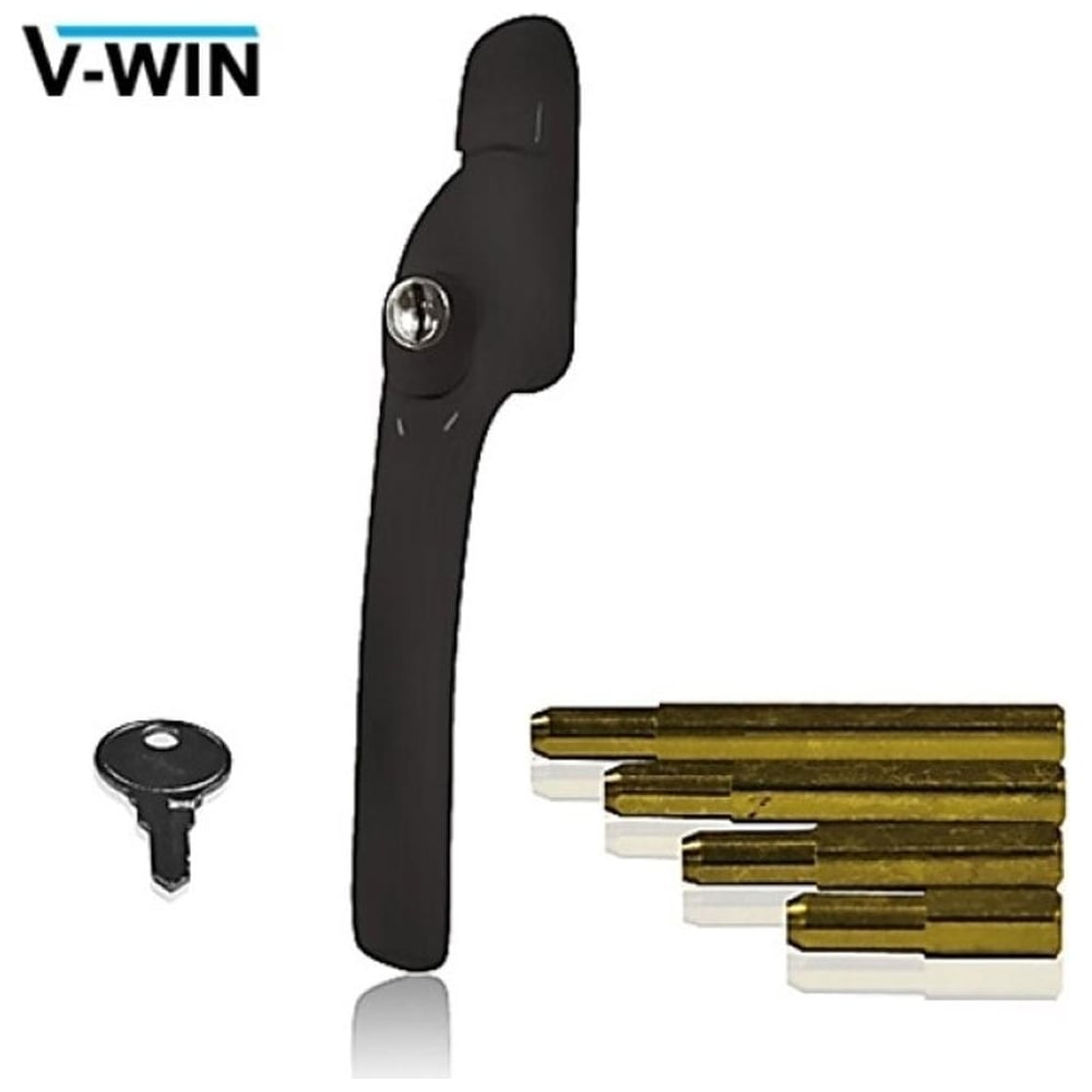 A black VERSA Inline Retro-fit Espag uPVC Window Handle with a magnetic spindle system, accompanied by a key and cover plate.