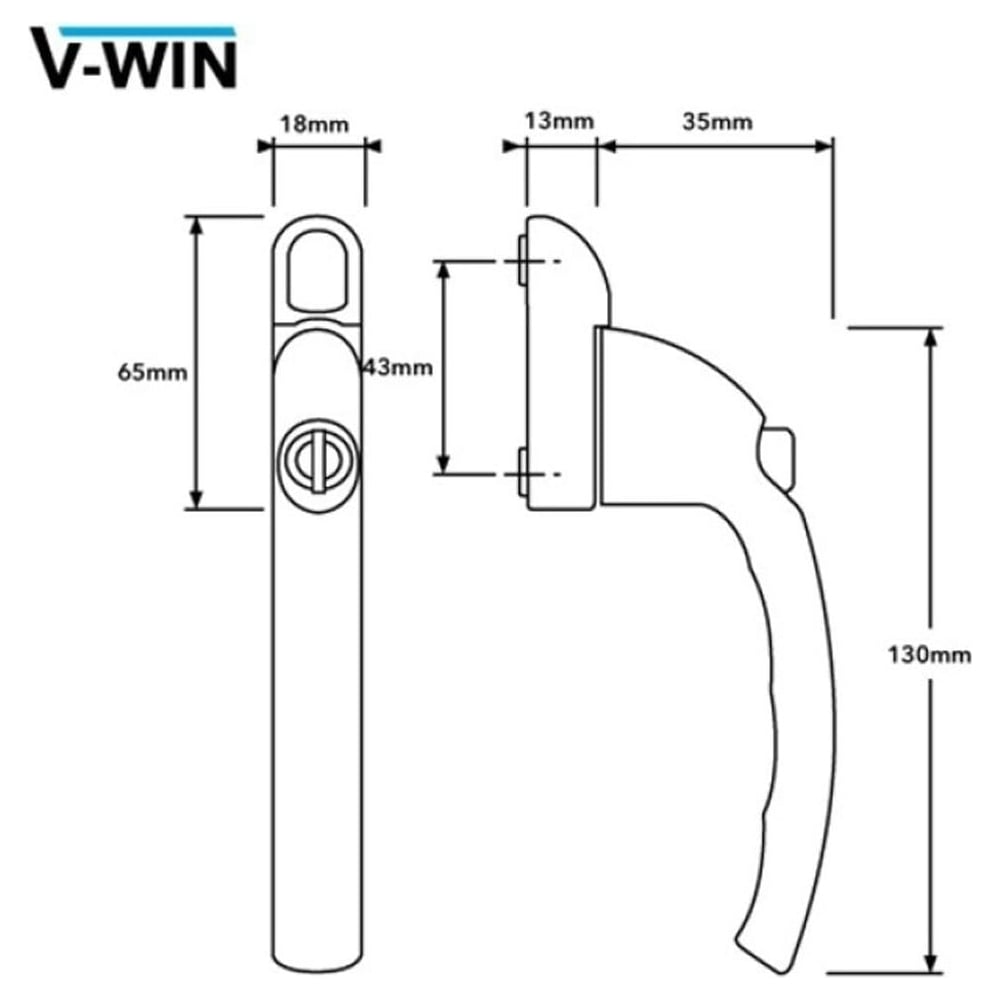 Technical drawing of VERSA Inline Retro-fit Espag uPVC Window Handle showing front and side views with detailed measurements: 65mm height, 18mm width, 130mm handle length, 35mm projection, and 43mm handle height.