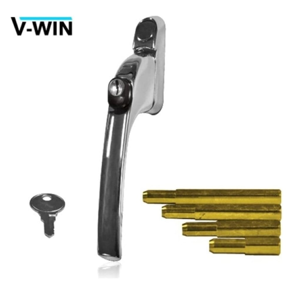 A polished chrome uPVC window handle with a magnetic spindle system, along with four different sized spindles, a key, a cover plate, and easy-cut screws.