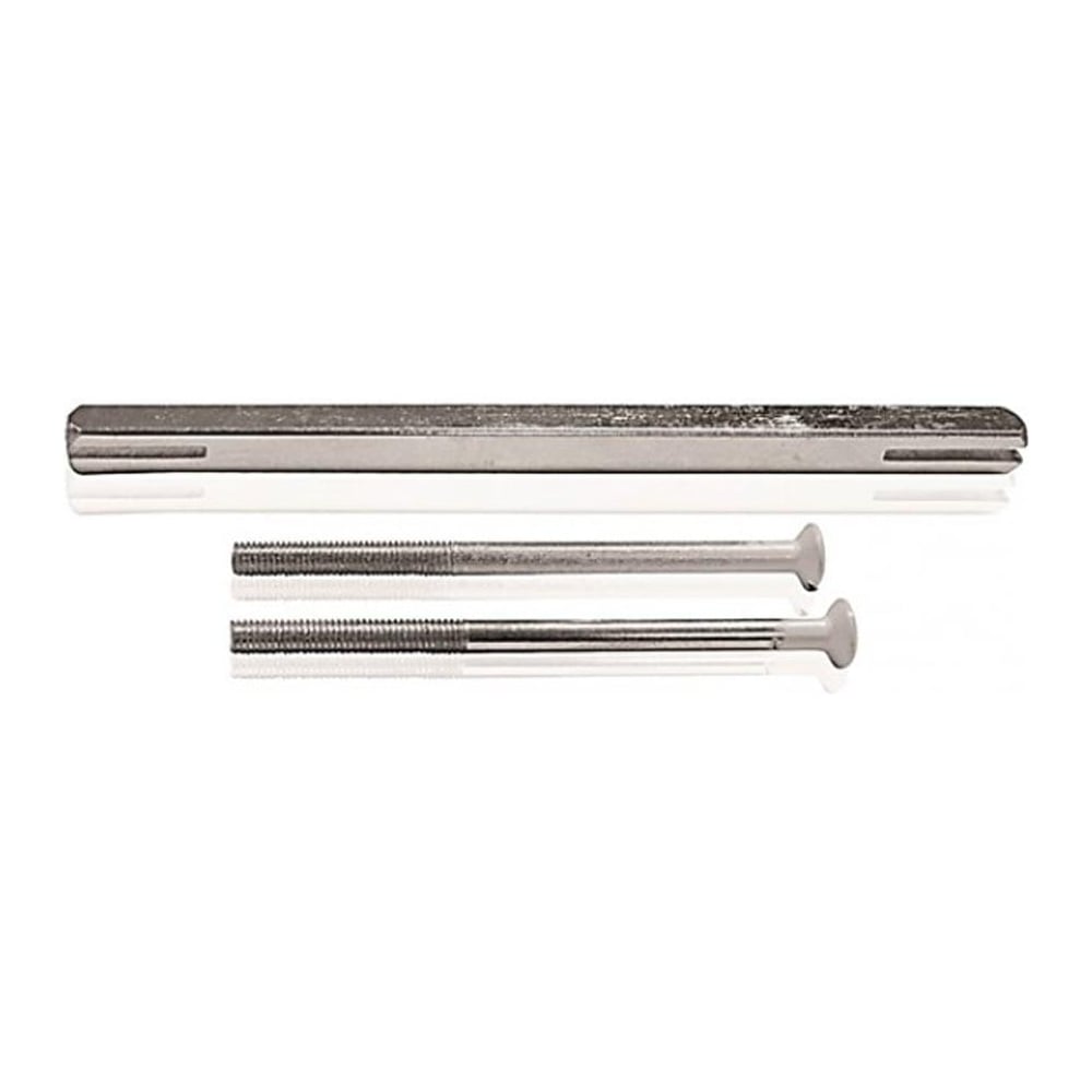 A set of metal door handle fixing components, including a spindle and two screws, isolated on a white background.