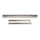 A set of metal door handle fixing components, including a spindle and two screws, isolated on a white background.