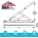Technical drawing of a window stay hinge showing max opening angle, stack height (13-17mm), and size dimensions. 