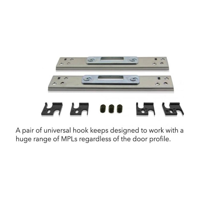 A pair of universal hook keeps designed for use with a multipoint lock system, including packers and grub screws.