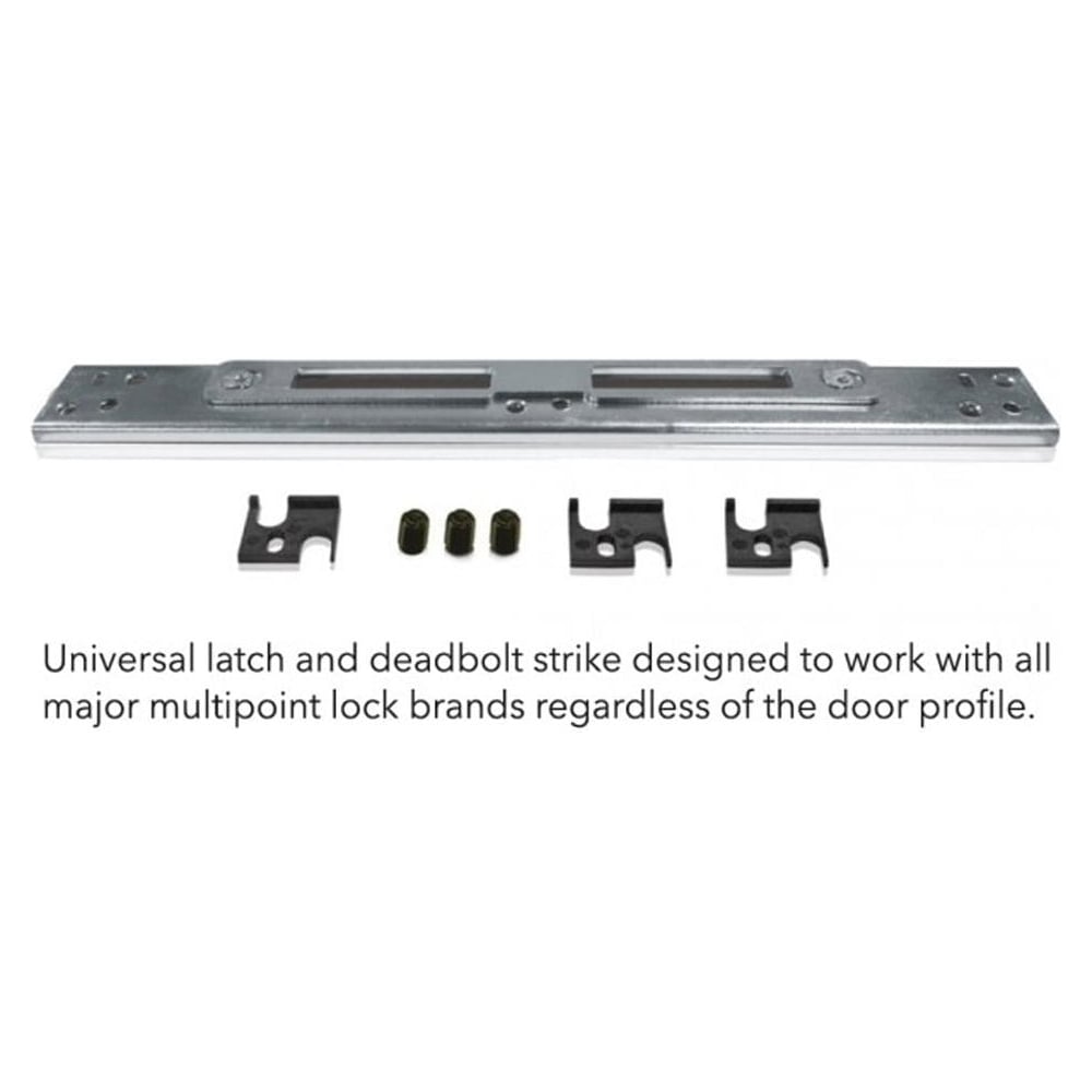 A silver universal latch and deadbolt strike designed to work with all major multipoint lock brands, with packers and grub screws included.