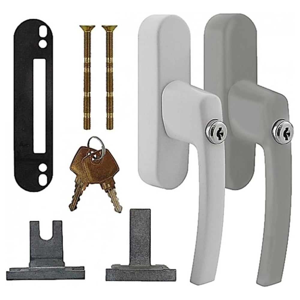 A collection of white VERSA Universal Locking Blade Fork Espag Drive Handle parts displayed with two keys, a backplate, and additional hardware.