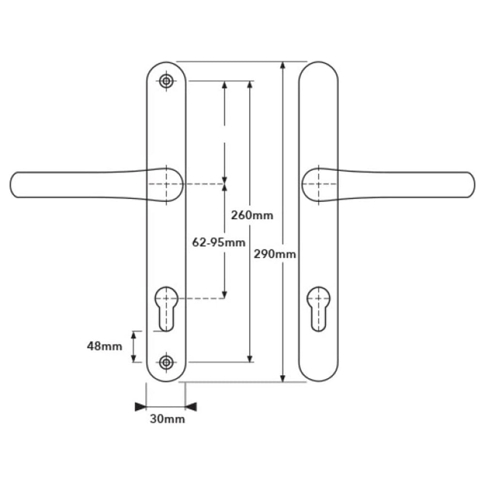 Diagram of VERSA Universal uPVC Door Handles showing adjustable PZ (62–95mm) with handle and screw spacing measurements.