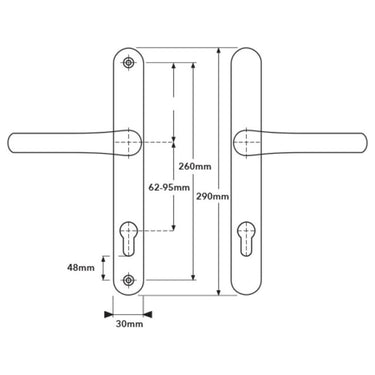 Technical drawing of Versa universal uPVC door handle set with backplate dimensions. Key measurements include 290mm total height, 260mm screw spacing, 62–95mm keyhole to handle spacing, 48mm from keyhole to bottom, and 30mm backplate width.
