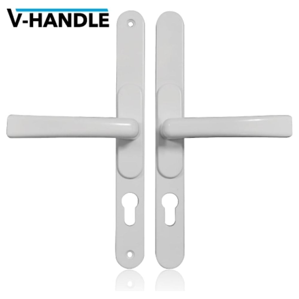 A pair of white upvc door handles with a vertical adjustment feature and two holes for key locks.