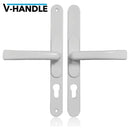 A pair of white upvc door handles with a vertical adjustment feature and two holes for key locks.
