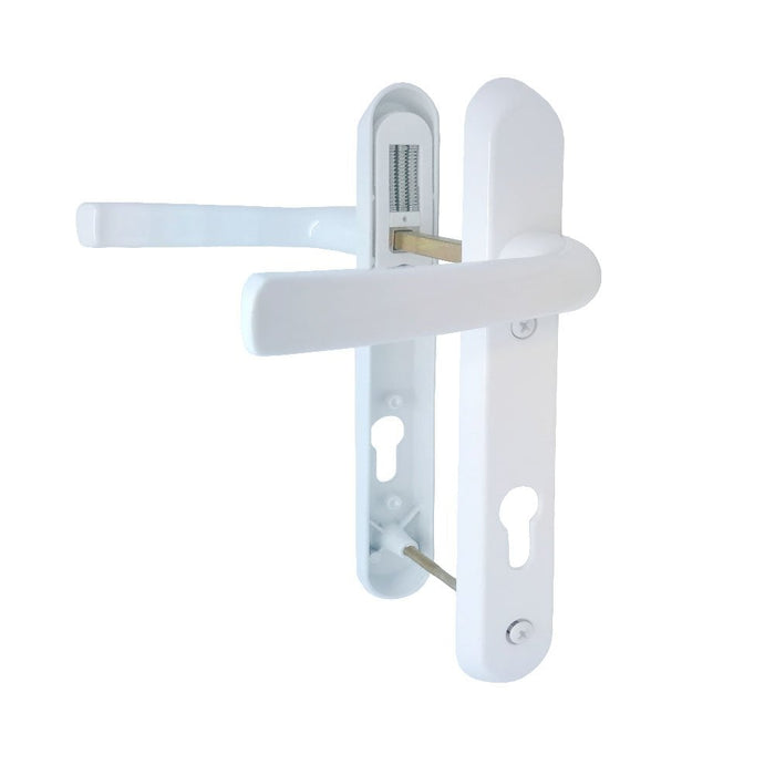 A set of white UPVC door handles with a lever design, including one internal and one external handle, with visible screws and spindle.