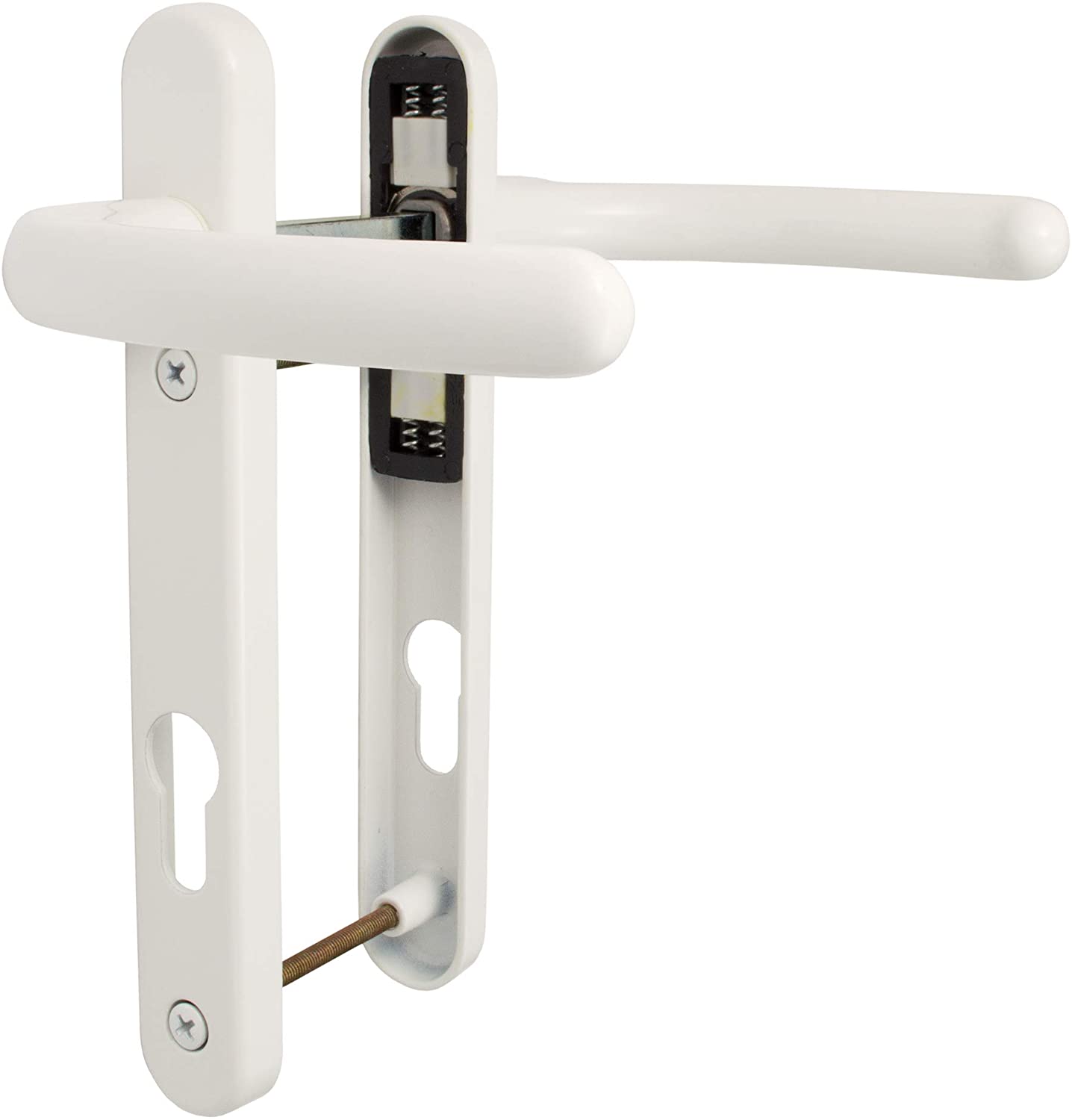 A set of white UPVC door handles with a lever design, including an internal and external handle, with visible screws and a spindle.