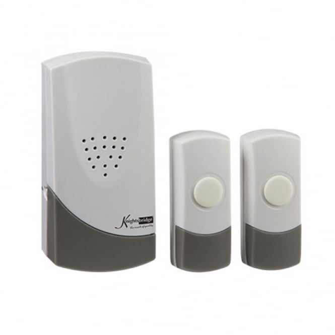 A wireless door chime kit with one receiver and two push buttons in white color with a gray accent.