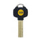 A gold-colored metal key with a black plastic key cap featuring the Yale brand logo in yellow and white.