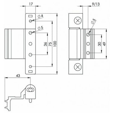 "Technical drawing of a surface-mounted lock showing front, side, and bottom views with detailed measurements. Key dimensions include a 100mm height, 75mm main body length, 43mm bottom projection, and multiple hole placements with diameters of 4mm and 5mm