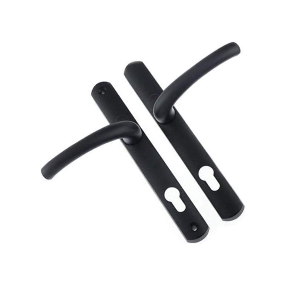 Black Yale superior door handles with long backplates and euro cylinder cutouts, designed for front or back uPVC doors with a premium finish.
