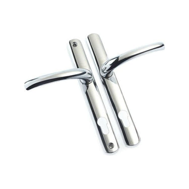 Pair of polished chrome Yale Superior door handles with long backplates and euro cylinder cutouts, designed for front or back uPVC doors with a premium finish.