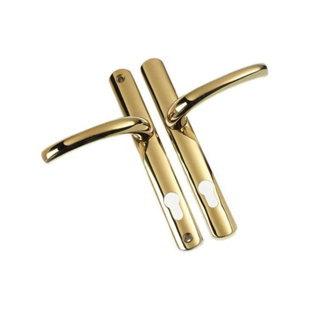 Pair of polished gold Yale Superior door handles with long backplates and euro cylinder cutouts, designed for front or back uPVC doors with a premium finish.